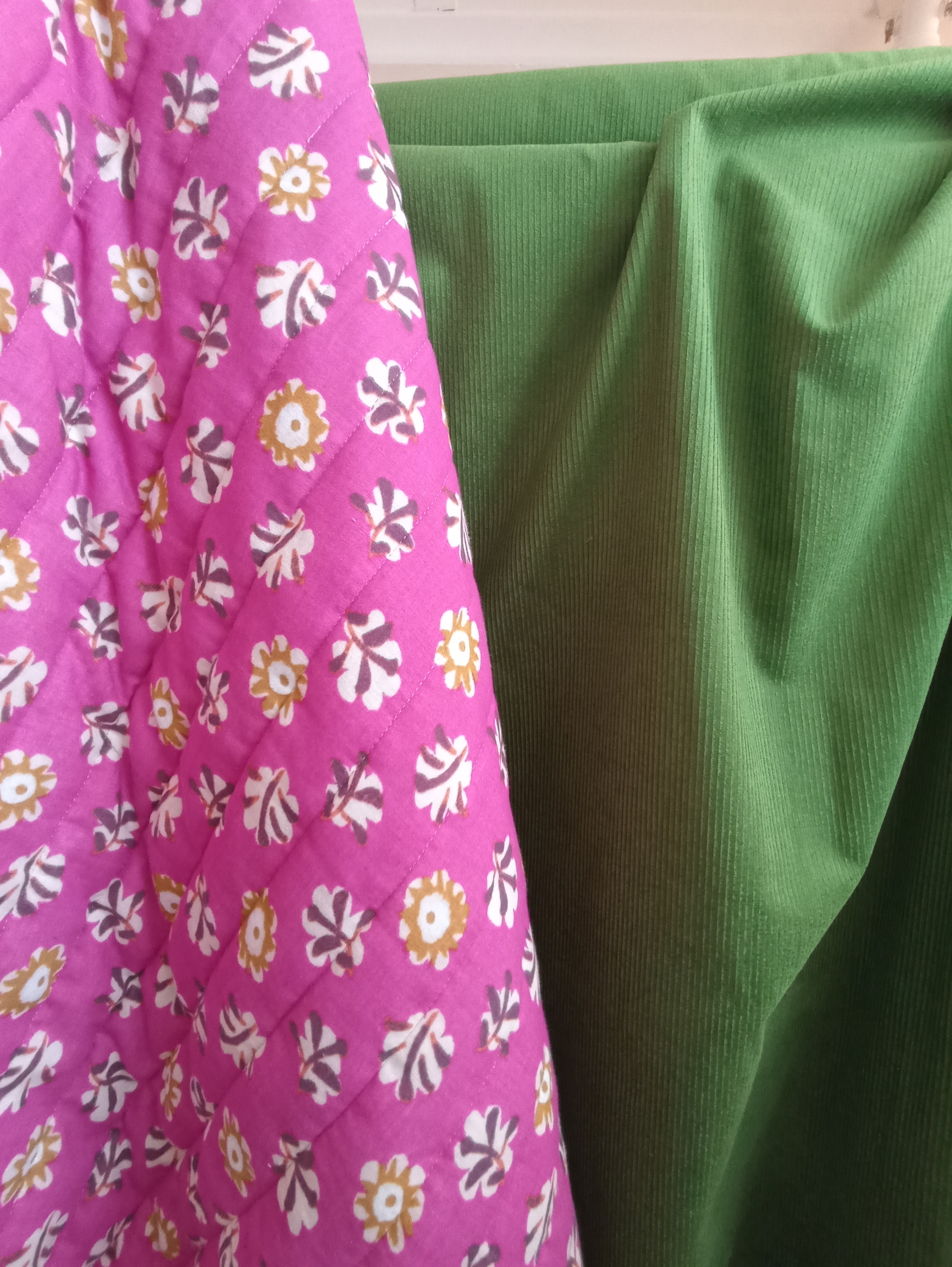 pink quilted fabric, green and pink combo, green corduroy fabric