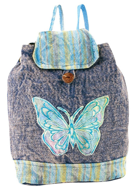 - 100% cotton

- 12" x 12"

- Assorted colors

- Stitched butterfly patch

- Drawstring straps

- Wooden button closure to main compartment

- Open inside pocket