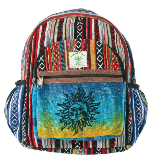- Cotton & tie dyed hemp

- 14" x "14

- Assorted colors

- Sunburst block print design

- 2 water bottle side pockets

- Front compartment with 2 zippers

- Zipper closure to main compartment

- Inside laptop pocket