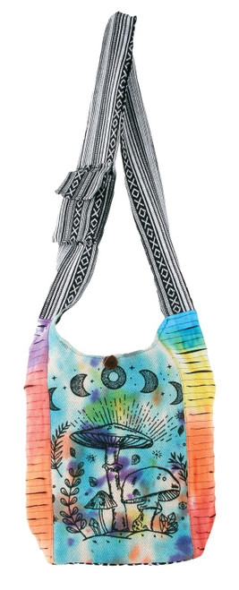 - 100% tie dyed cotton

- 14" x 13.5"

- Assorted colors

- Screen printed moon & mushroom designs

- Cross body strap with a velcro compartment

- Wooden button with zipper closure to main compartment

- Inside zipper pocket