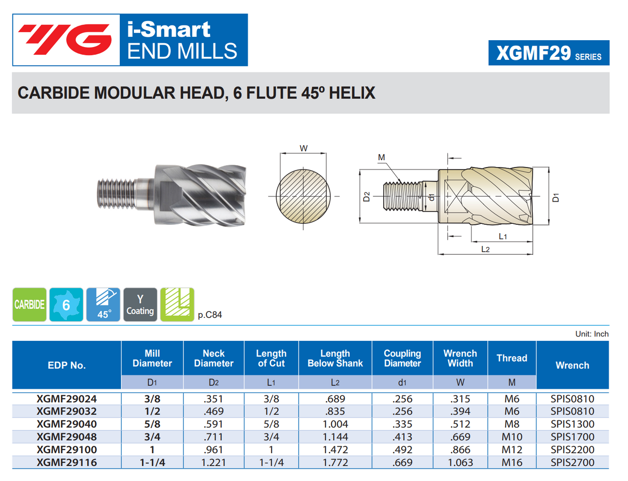 i-Smart 6 Flute 45 Degree Helix Modular Head -XGMF29 | RTJ Tool Company