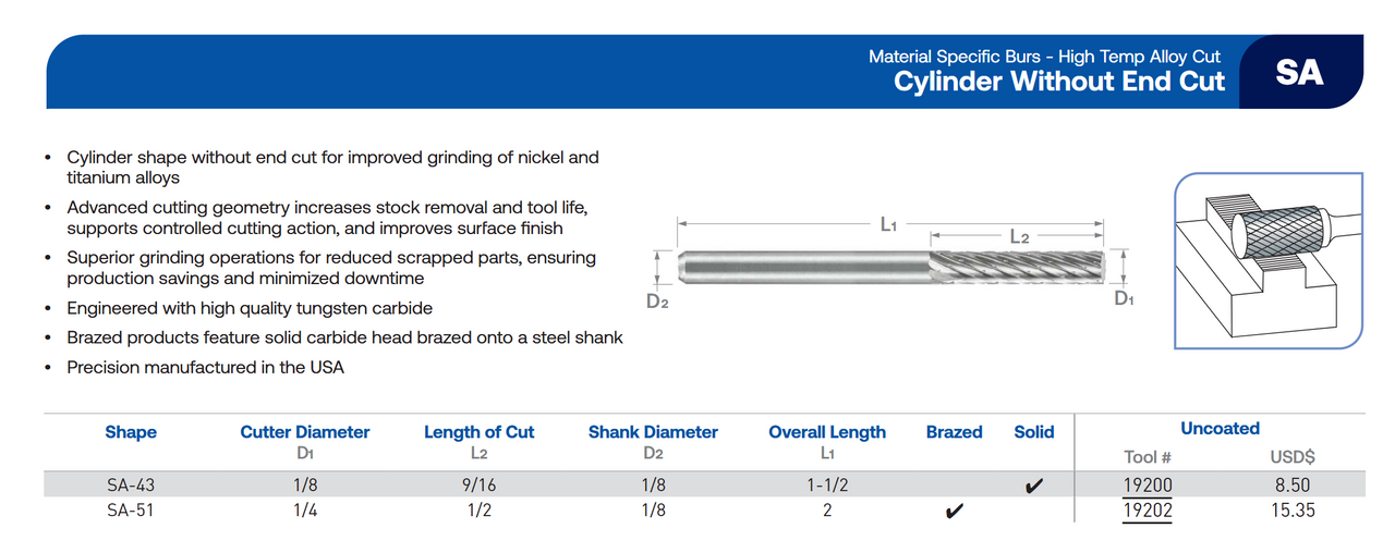 SA Series High Temp Alloy Cut Carbide Burr | RTJ Tool Company