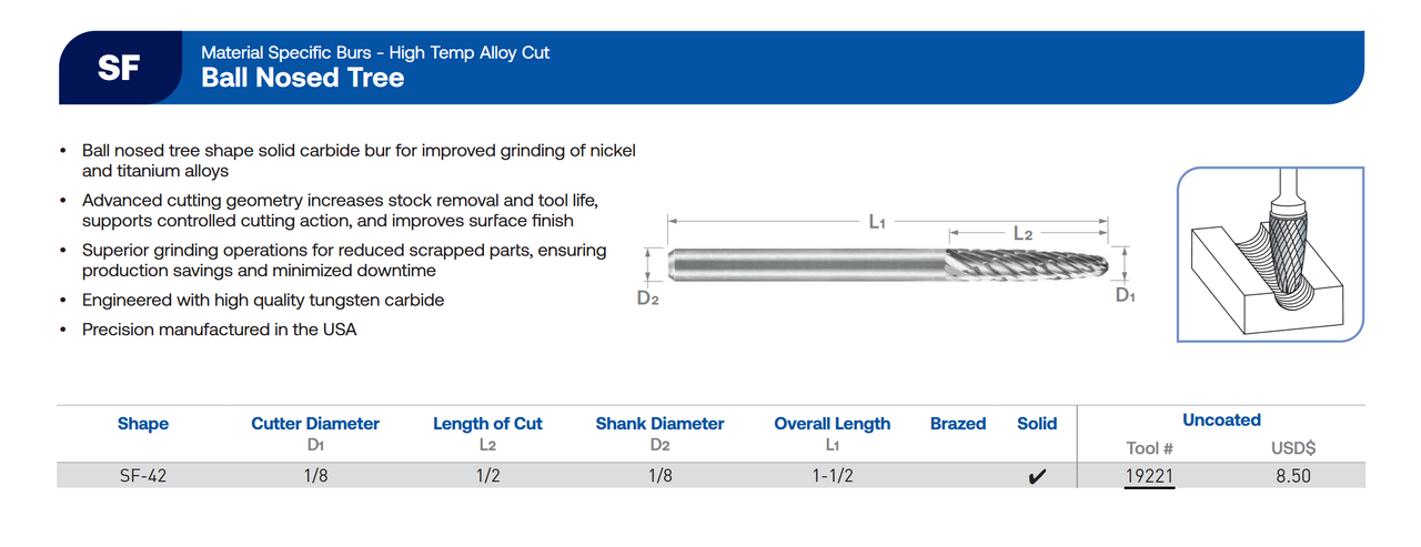 SF Series High Temp Alloy Cut Carbide Burr | RTJ Tool Company