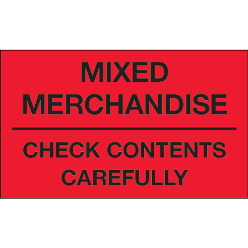 3 x 5" - "Mixed Merchandise - Check Contents Carefully" (Fluorescent Red) Labels (Roll of 500)