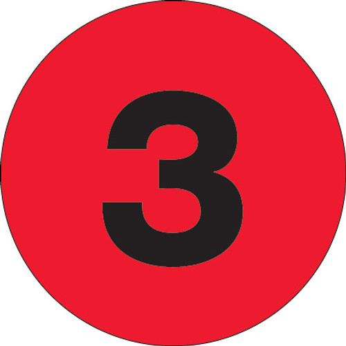 4" Circle - "3" (Fluorescent Red) Number Labels (Roll of 500)