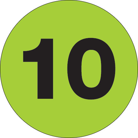 1" Circle - "10" (Fluorescent Green) Number Labels (Roll of 500)