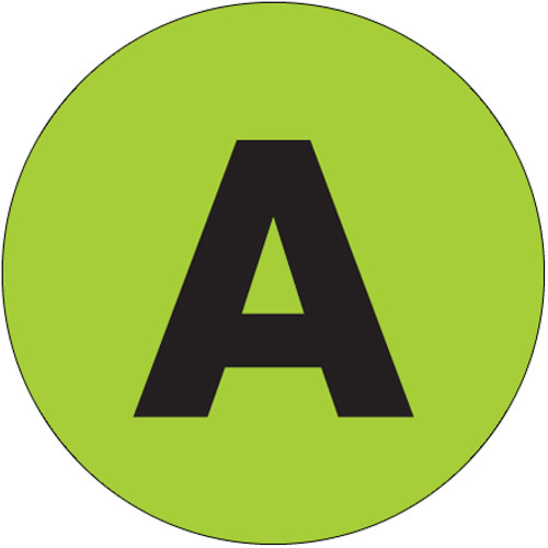 1" Circle - "A" (Fluorescent Green) Letter Labels (Roll of 500)