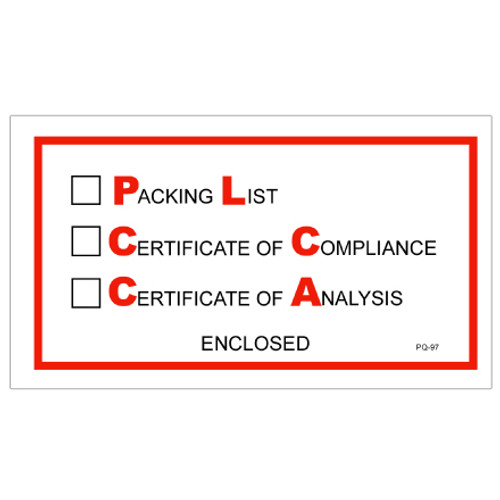 5 1/2 x 10" "Packing List/Cert of Compliance/Cert. of Analysis Enclosed" Envelopes (Case of 1000)