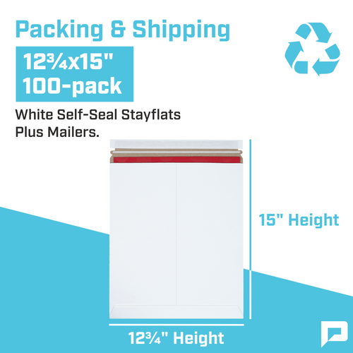 12 ¾" x 15” White Self-Seal Stayflats Plus Mailers (100-Pack)