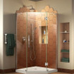 NeoAngle shower enclosure with glass doors, chrome fixtures, and modern hexagonal tile design