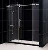 Frameless glass shower door with a sleek design, modern hardware, and a minimalist aesthetic