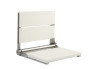 Wall-mounted folding shower seat with a sleek white design, with a sturdy stainless steel frame and a 500 lbs weight capacity