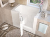 27 x 39 Compact Walk-in Bathtub by Meditub with a door for easy access, set in a stylish bathroom with a plush rug, towel