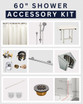 60-inch shower accessory kit with a variety of components including a shower curtain, handheld showerhead
