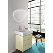 LED bathroom mirror with touch sensor, rounded design, above a modern sink and cabinet in a bright, contemporary setting