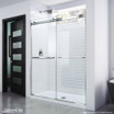 Frameless Dreamline Encore sliding shower door in a modern bathroom setting, with clear glass panels and chrome hardware