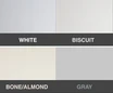 ADA shower stall color options in white, biscuit, bone almond and gray finishes