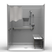 63 x 37 one-piece ADA roll-in shower with center drain, low threshold and built-in soap niche