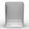 Close-up of 60 x 42 curbed shower base with reinforced fiberglass construction and 4 inch threshold