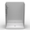 White 60 x 42 fiberglass curbed shower kit with subway tile walls and slip-resistant floor