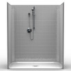 60 x 33 roll-in shower stall single-piece with 4-inch tile pattern and low-threshold accessible entry