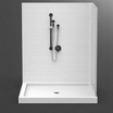 60 x 36 curbed corner shower stall with multi-piece subway tile walls and center drain