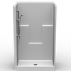 50 x 36 single-piece curbed shower stall with subway tile walls and center drain