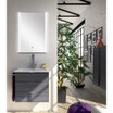 LED bathroom mirror with touch sensor, sleek design, displayed above a modern vanity in a contemporary bathroom setting