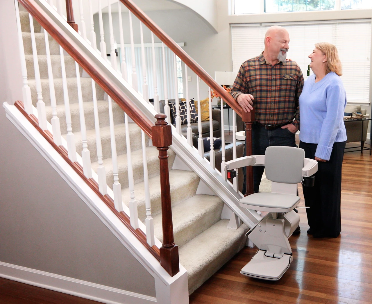 Bruno Elan stairlift installed on a straight staircase in a Michigan home