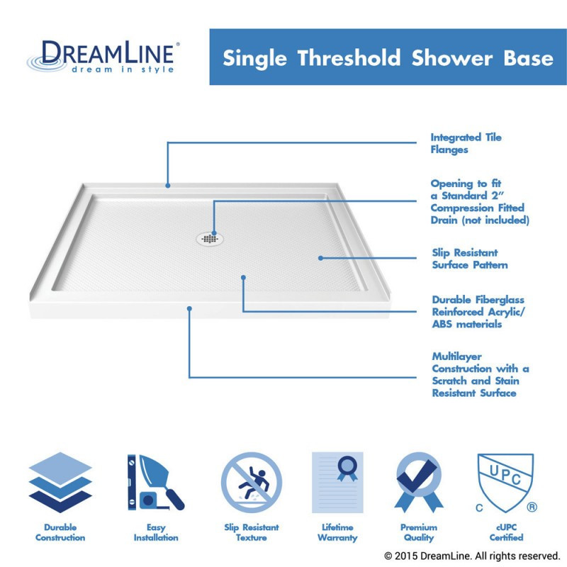 48 x 34 Shower Base with Center Drain | White, Biscuit or Black