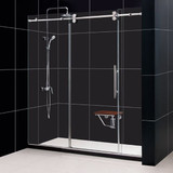Frameless glass bathtub door with a sleek design, chrome hardware, and integrated folding seat