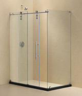 Frameless glass shower enclosure with sliding door, chrome hardware, and modern design