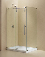 Frameless Dreamline Enigma-Z sliding shower door with sleek glass panels and modern chrome hardware