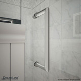 Chrome handle for DreamLine Unidoor-X hinged shower door mounted on a tiled wall