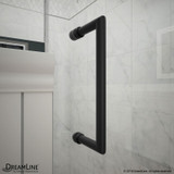 Black shower door handle mounted on a tiled wall