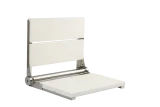 Wall-mounted folding shower seat with a sleek white design, with a sturdy stainless steel frame and a 500 lbs weight capacity