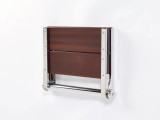 Folding teak shower seat with natural wood finish, wall-mounted design, and 500 lb capacity