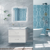 LED bathroom mirror with touch sensor, rounded dual design, in a modern bathroom setting with a white vanity