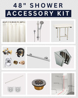 48-inch shower accessory kit with a shower curtain, handheld showerhead, folding bench, plumbing components, grab bar
