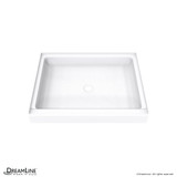Solid surface shower pan in white, 54 x 34 inches, with a center drain, showing a smooth, easy-to-clean surface