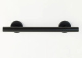 24-inch black ADA-compliant grab bar with round wall mounts, designed for stylish bathroom accessibility and safety
