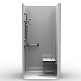 ADA-compliant shower stall with smooth wall finish, with grab bars and a foldable shower bench