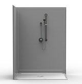 Barrier-free corner shower stall with a gray subway tile finish, with a handheld showerhead and wall-mounted controls