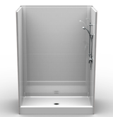 Curbed shower unit with a subway tile pattern, designed for accessibility, with a spacious interior and modern fixtures