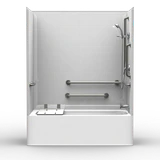 ADA-compliant bathtub shower unit with subway tile design, with grab bars and a spacious layout