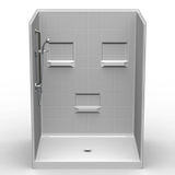 Curbed stand-up shower with 4" tile pattern, with grab bars and built-in shelves