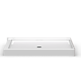 Curbed shower pan in white, measuring 60 x 30 inches, with a 4-inch threshold and center square drain option