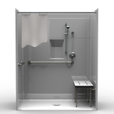63 x 37 one-piece ADA roll-in shower with center drain, low threshold and built-in soap niche
