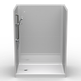 Close-up of 60 x 42 curbed shower base with reinforced fiberglass construction and 4 inch threshold