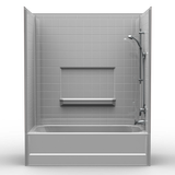 60 x 32 AFR bathtub shower combo with 4-inch tile pattern, multi-piece alcove tub surround and built-in storage ledge